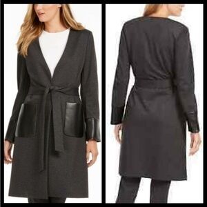 Calvin Klein Women's Faux Leather Trim Belted Cardigan Black Size 4